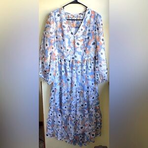 Joie Blue Orange Floral Tiered Long Sleeve Lined Midi Dress Size S